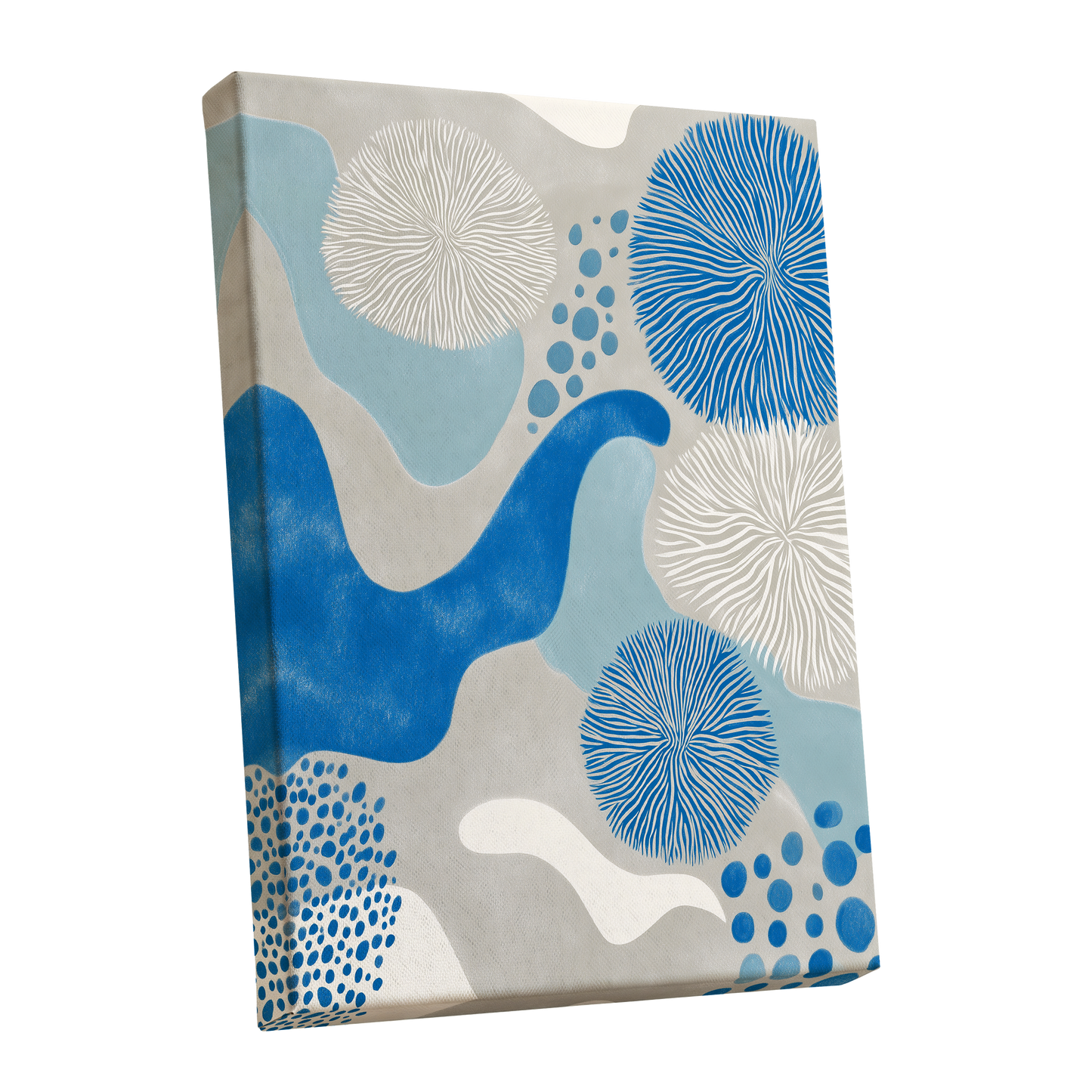 Tidal Bloom, blue, gray, beige nature wall art shown as a stretched canvas wall art