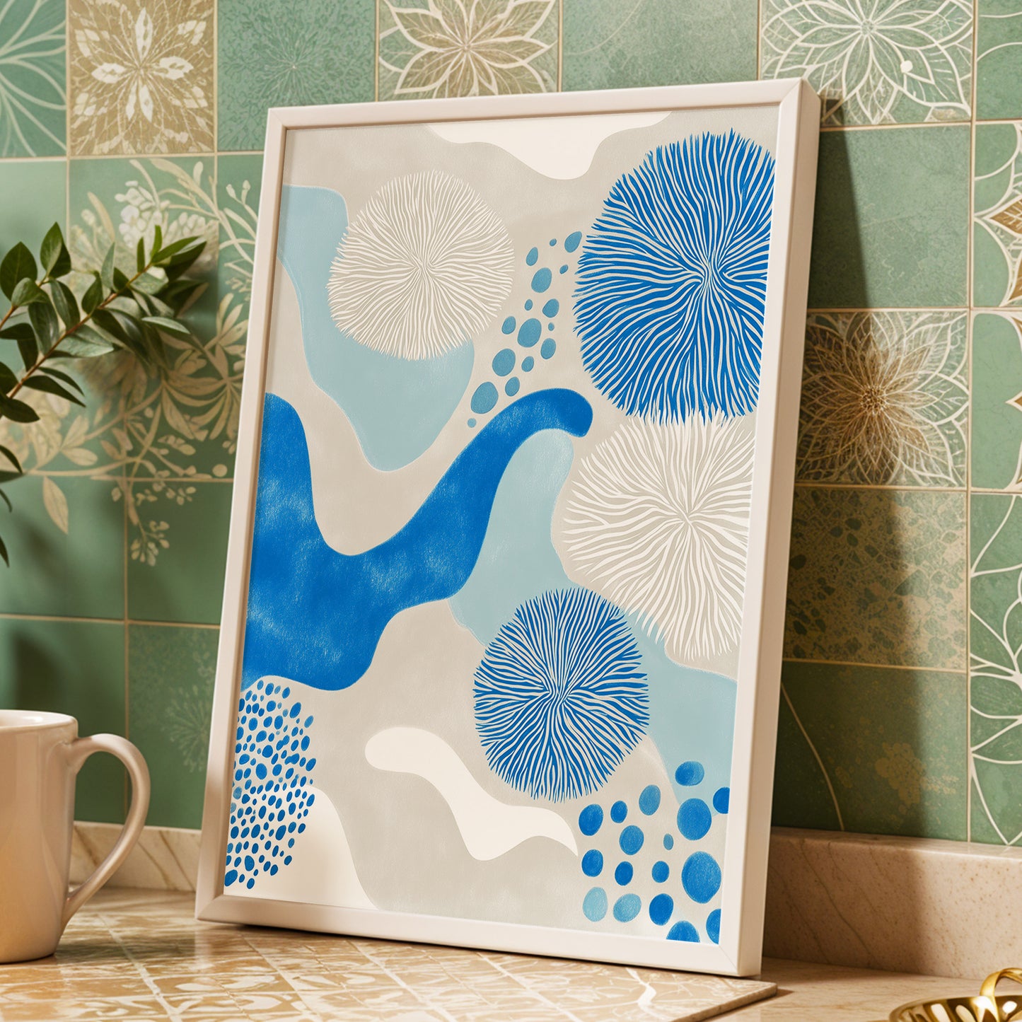 Tidal Bloom, blue, gray, beige nature wall art displayed in a styled interior, gallery view 2