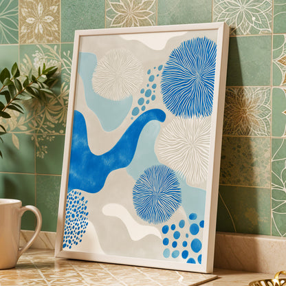 Tidal Bloom, blue, gray, beige nature wall art displayed in a styled interior, gallery view 2