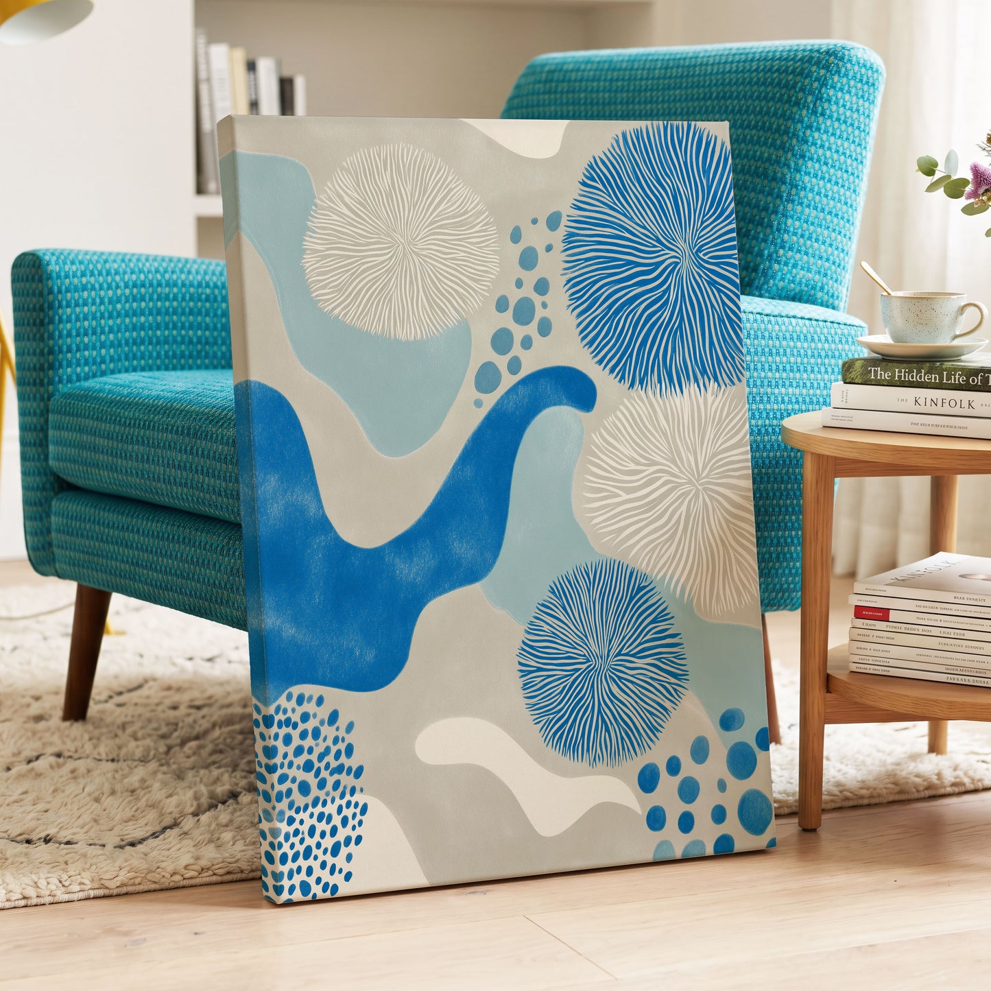 Tidal Bloom, blue, gray, beige nature wall art displayed in a styled interior, gallery view 3