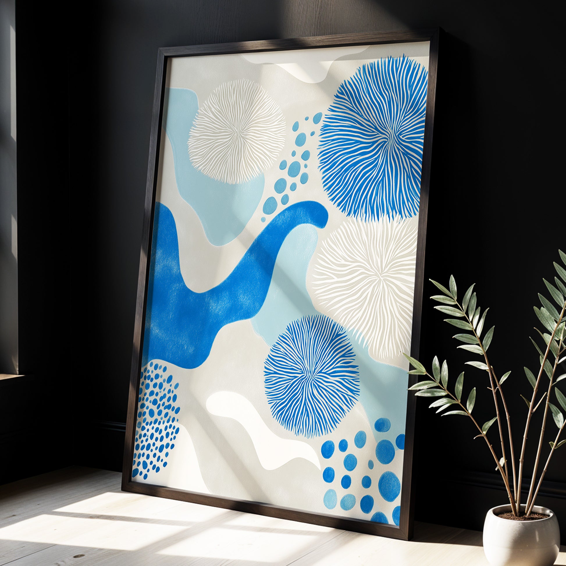 Tidal Bloom, blue, gray, beige nature wall art displayed in a styled interior, gallery view 6