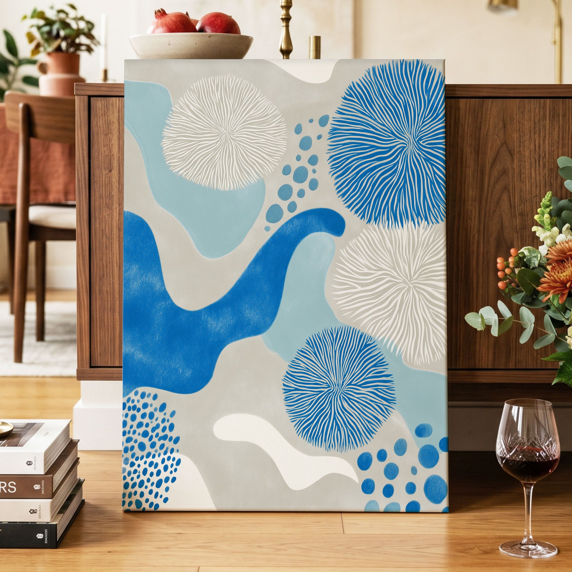 Tidal Bloom, blue, gray, beige nature wall art displayed in a styled interior, gallery view 7