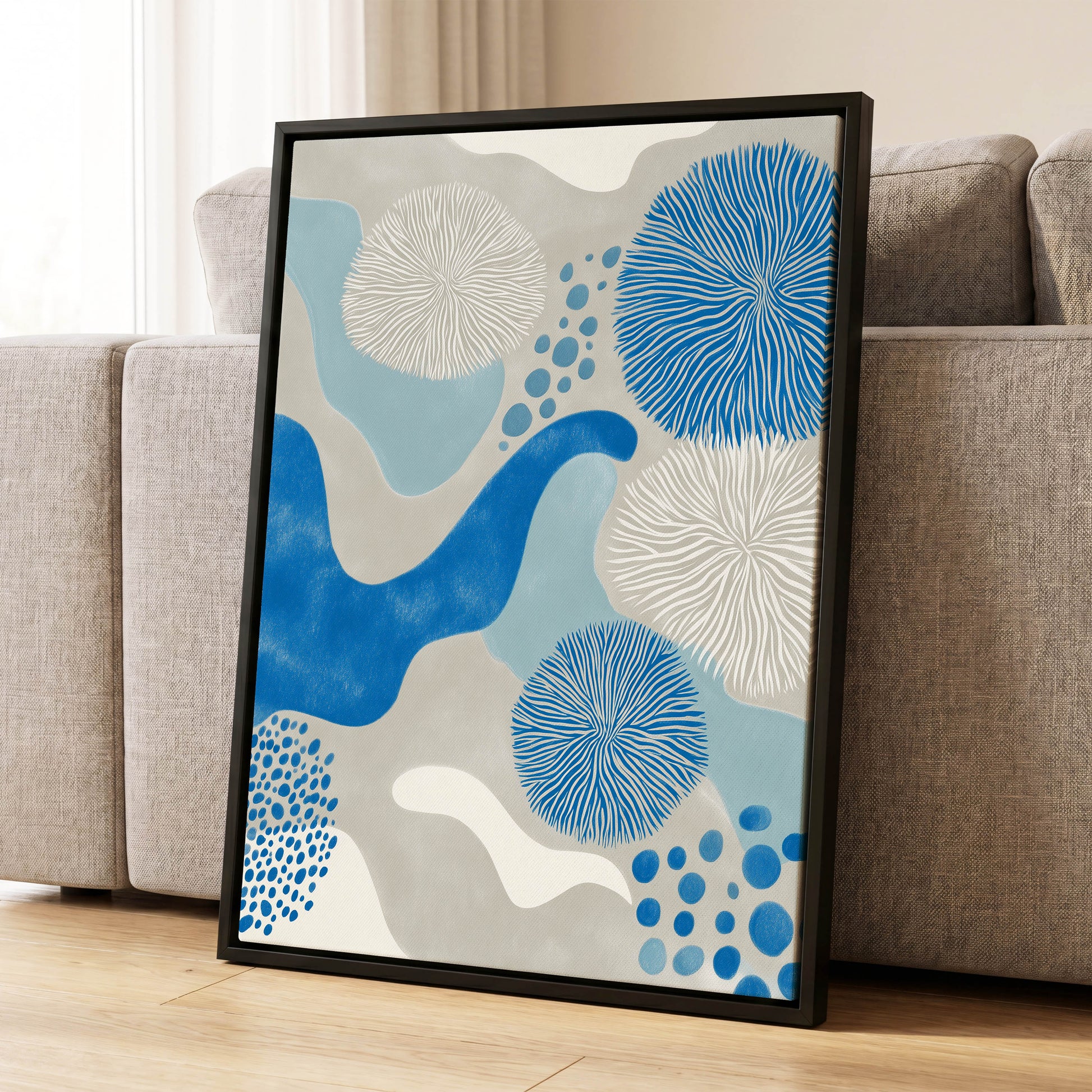 Tidal Bloom, blue, gray, beige nature wall art displayed in a styled interior, gallery view 8