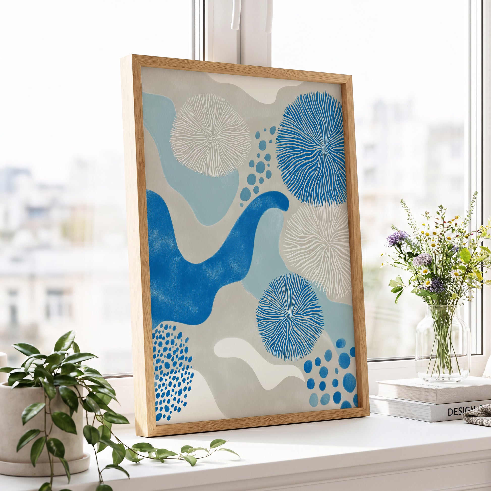 Tidal Bloom, blue, gray, beige nature wall art displayed in a styled interior, gallery view 9