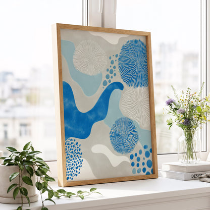 Tidal Bloom, blue, gray, beige nature wall art displayed in a styled interior, gallery view 9
