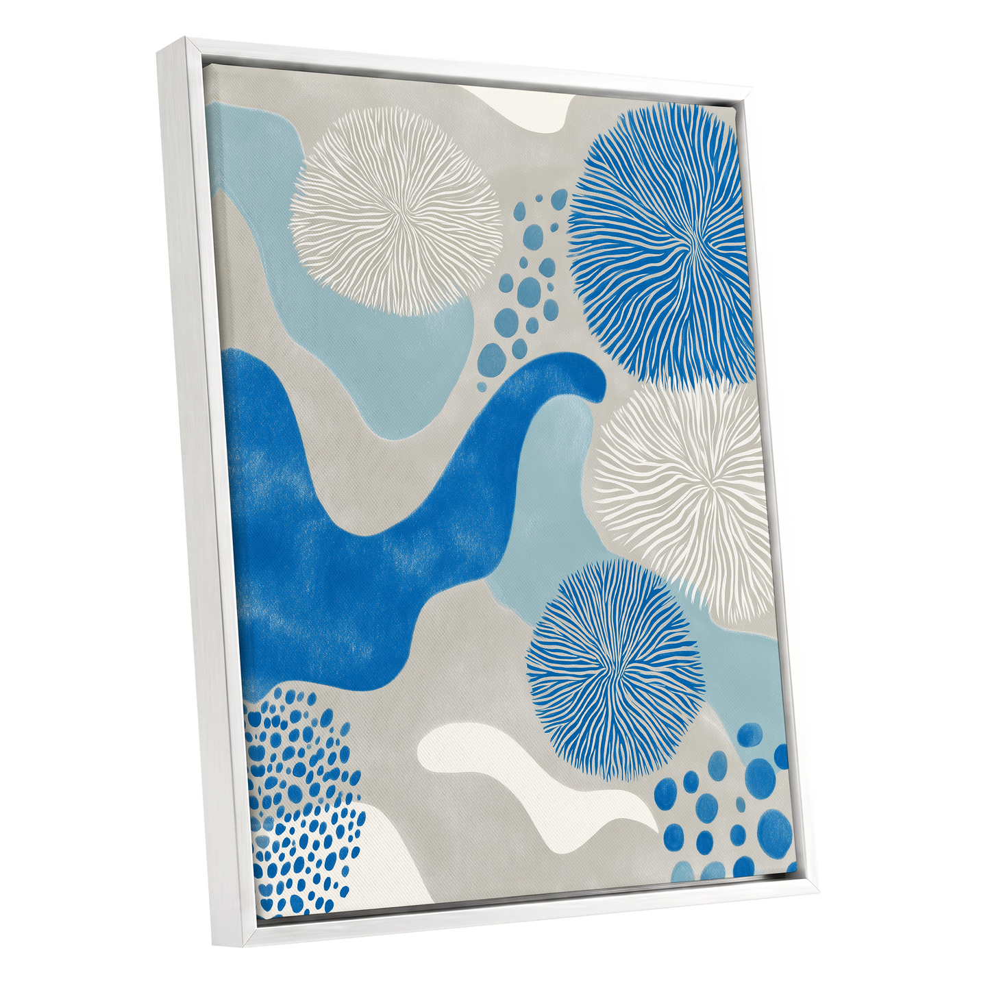 Tidal Bloom, blue, gray, beige nature wall art shown as a white framed canvas wall art