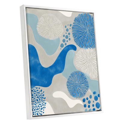 Tidal Bloom, blue, gray, beige nature wall art shown as a white framed canvas wall art