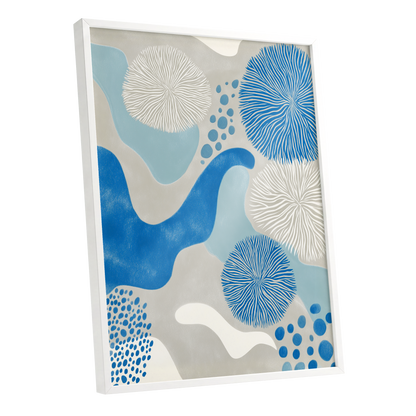 Tidal Bloom, blue, gray, beige nature wall art shown as a white framed poster wall art print