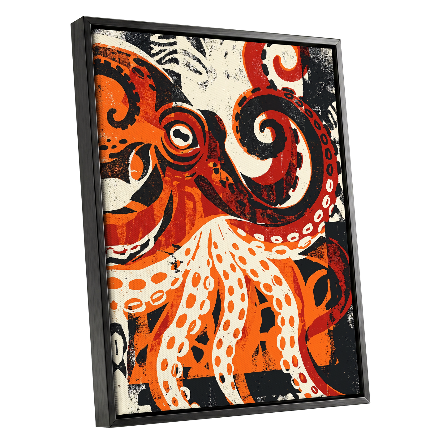 Tidal Coil, orange, black, beige nature wall art shown as a black framed canvas wall art