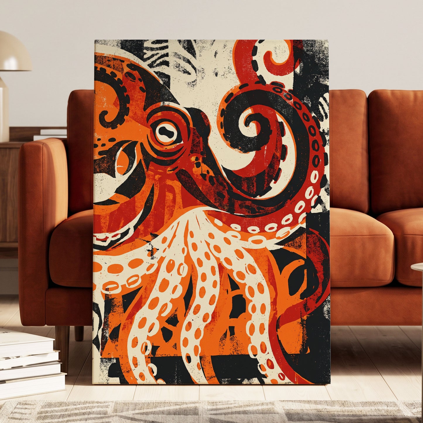 Tidal Coil, orange, black, beige nature wall art on canvas displayed in a styled interior, gallery view 1