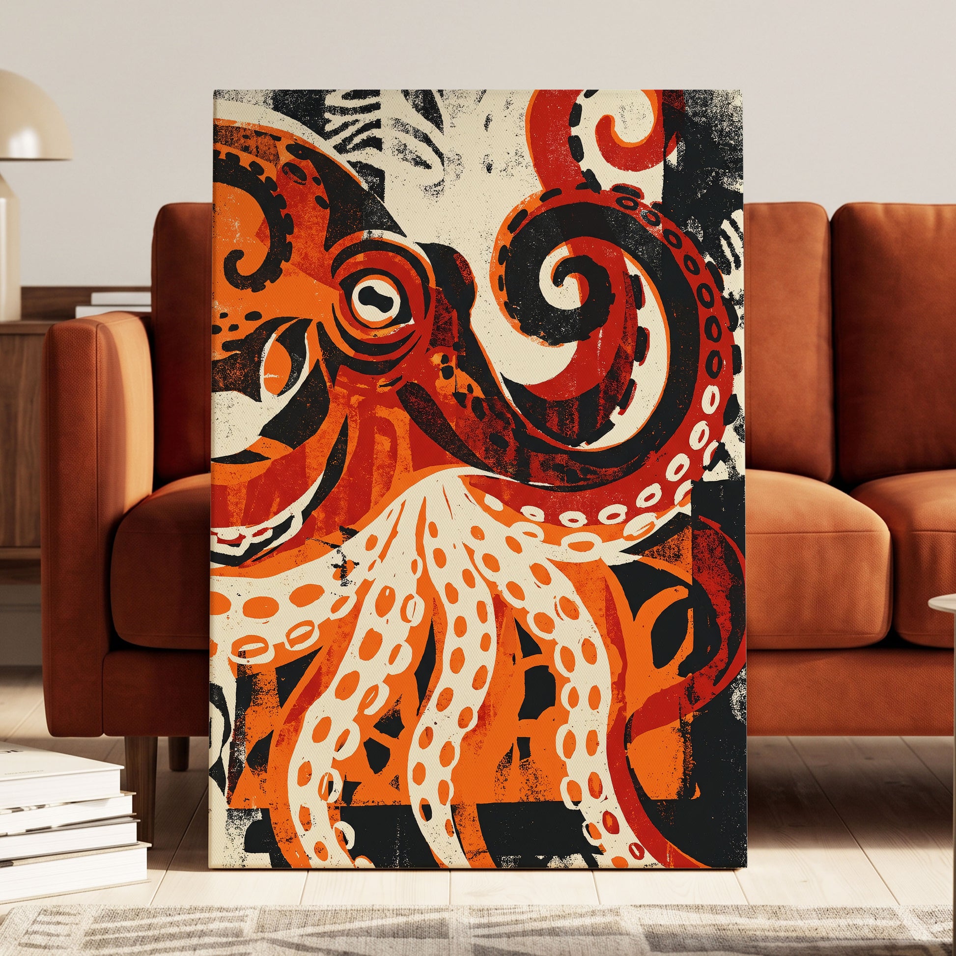 Tidal Coil, orange, black, beige nature wall art on canvas displayed in a styled interior, gallery view 1