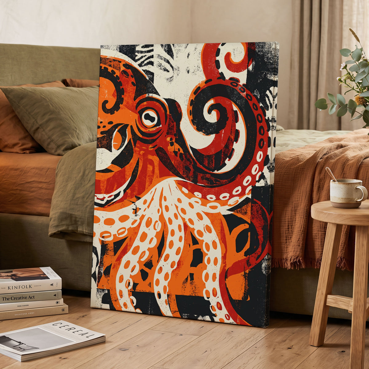 Tidal Coil, orange, black, beige nature wall art on canvas displayed in a styled interior, gallery view 2