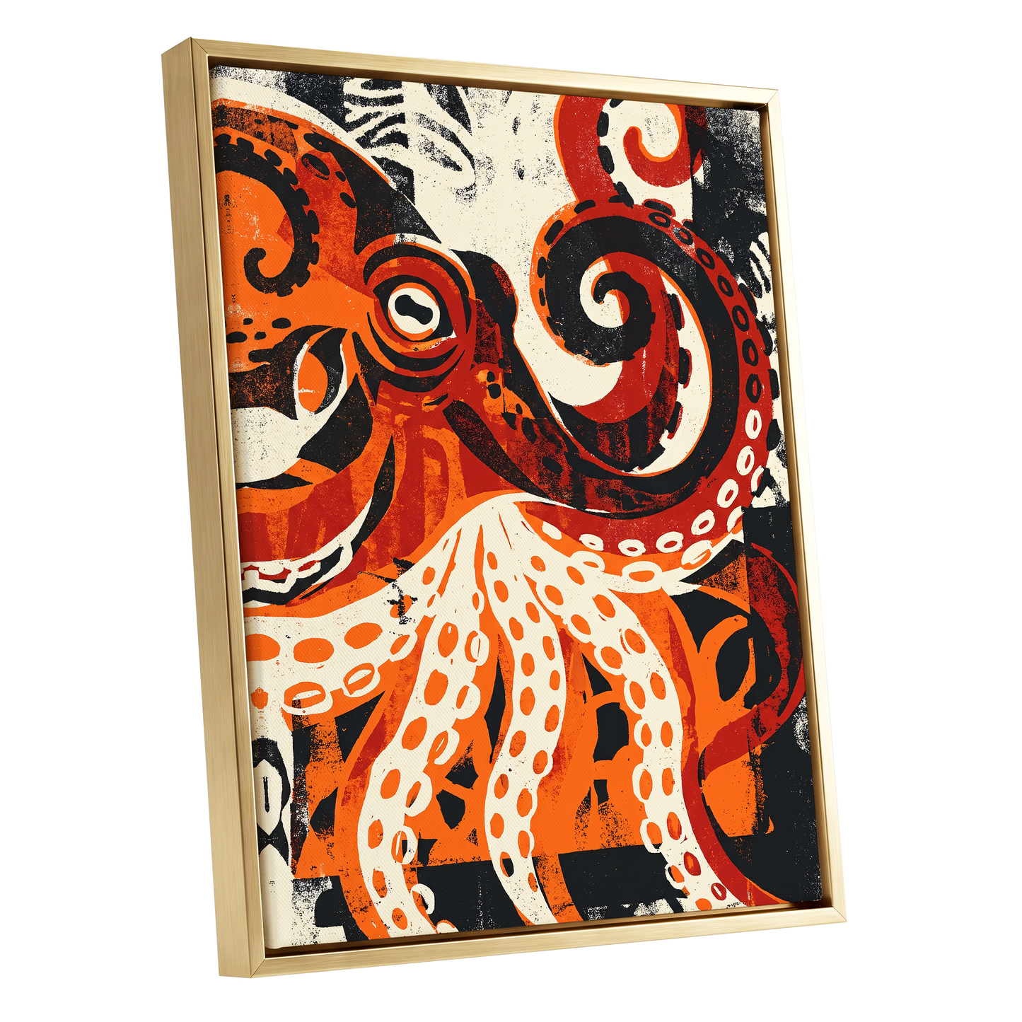 Tidal Coil, orange, black, beige nature wall art shown as a gold framed canvas wall art