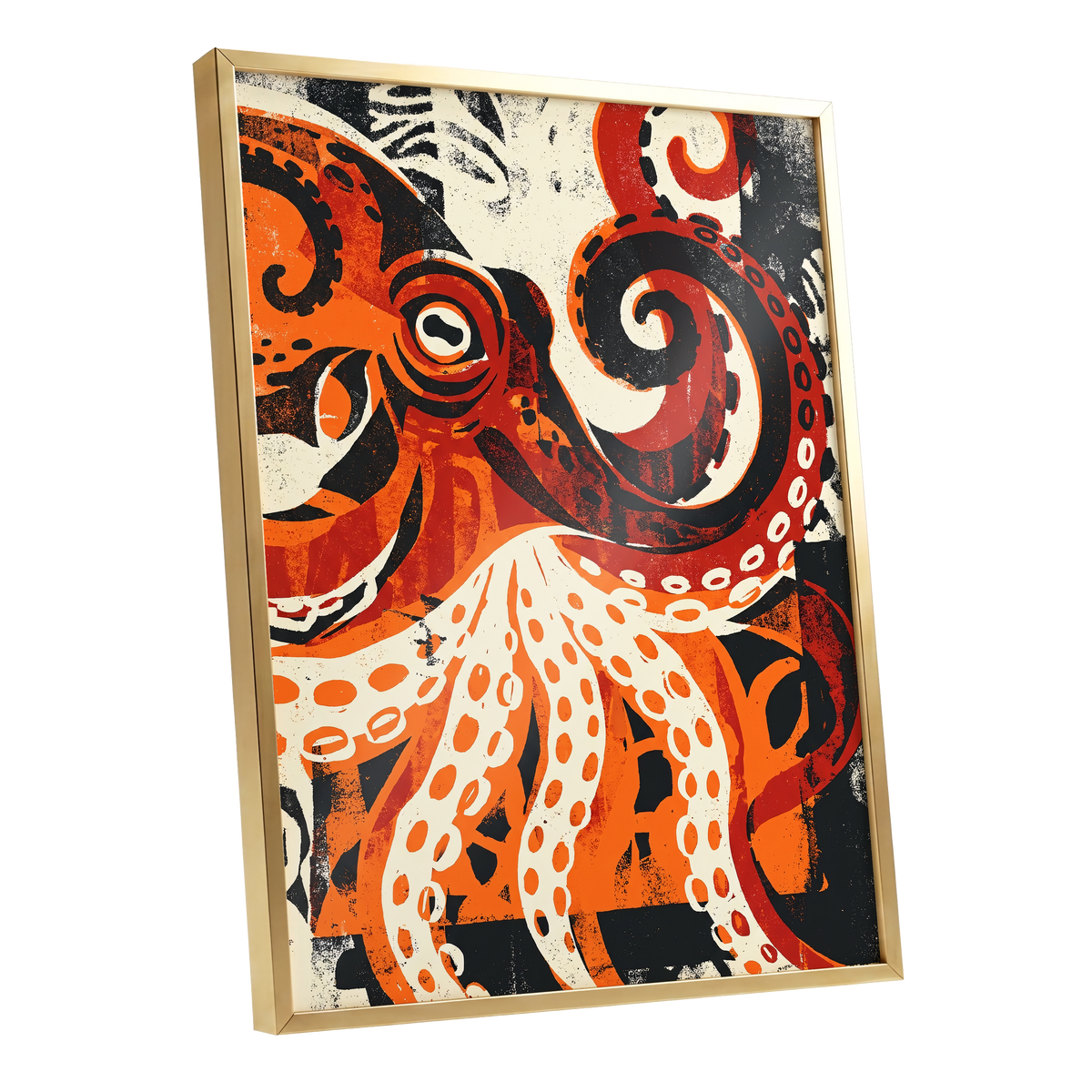 Tidal Coil, orange, black, beige nature wall art shown as a gold framed poster wall art print