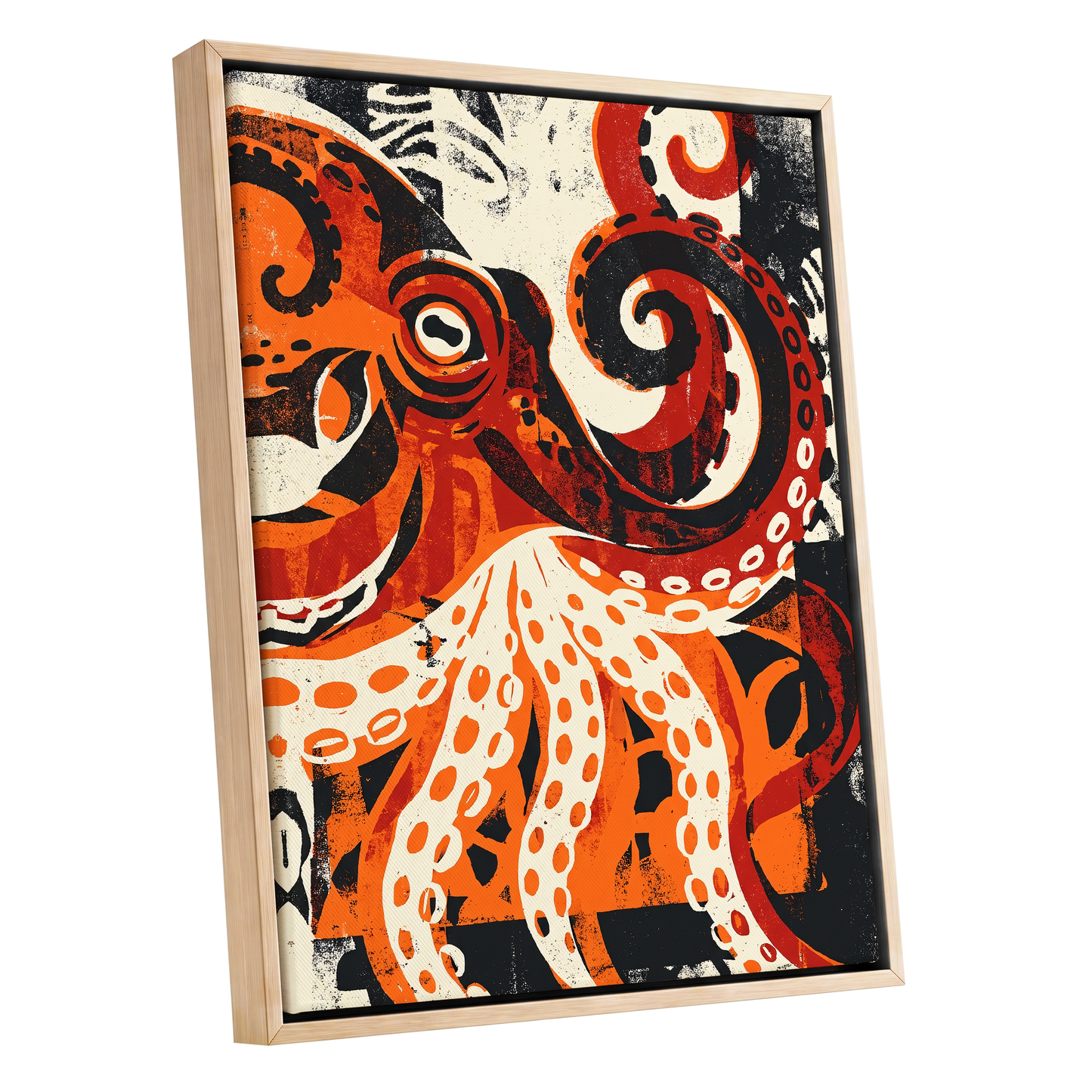 Tidal Coil, orange, black, beige nature wall art shown as a oak framed canvas wall art