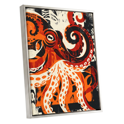 Tidal Coil, orange, black, beige nature wall art shown as a silver framed canvas wall art