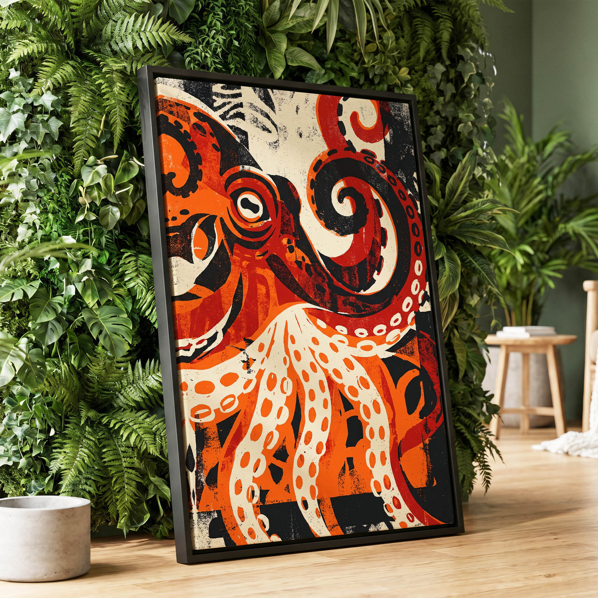 Tidal Coil, orange, black, beige nature wall art displayed in a styled interior, gallery view 2
