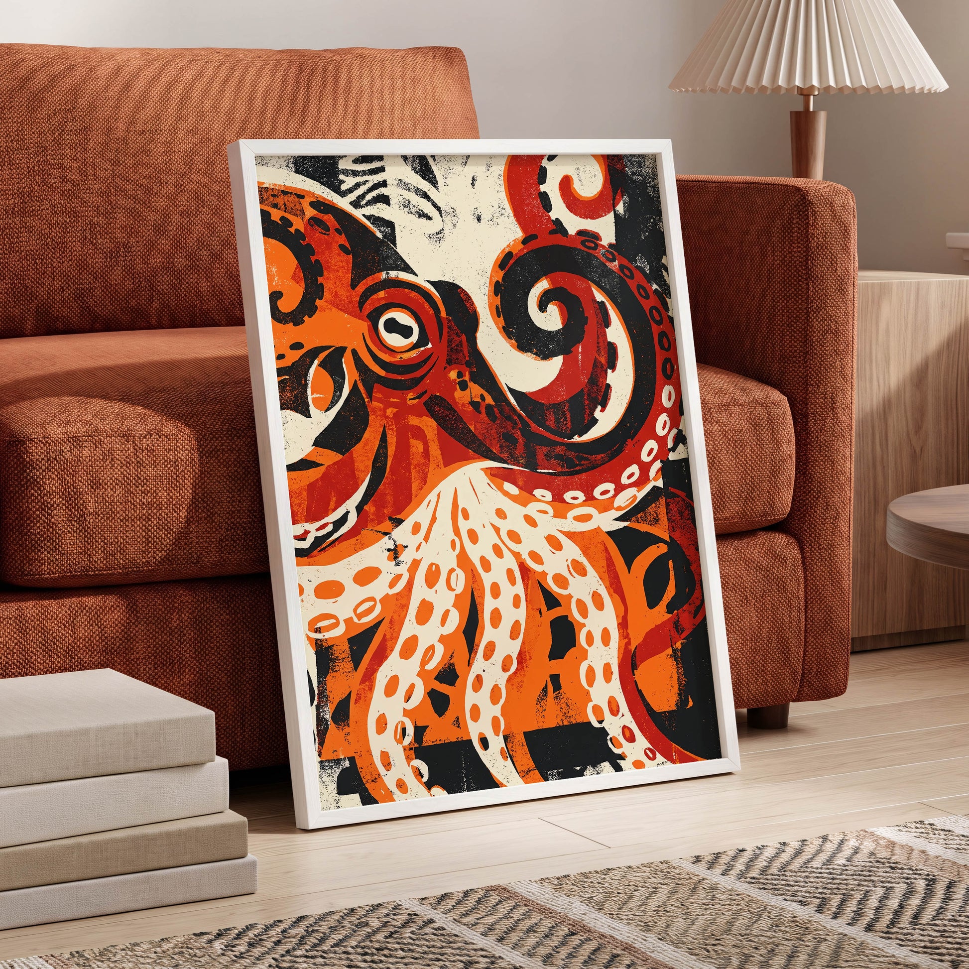 Tidal Coil, orange, black, beige nature wall art displayed in a styled interior, gallery view 6