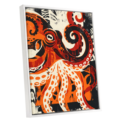Tidal Coil, orange, black, beige nature wall art shown as a white framed canvas wall art
