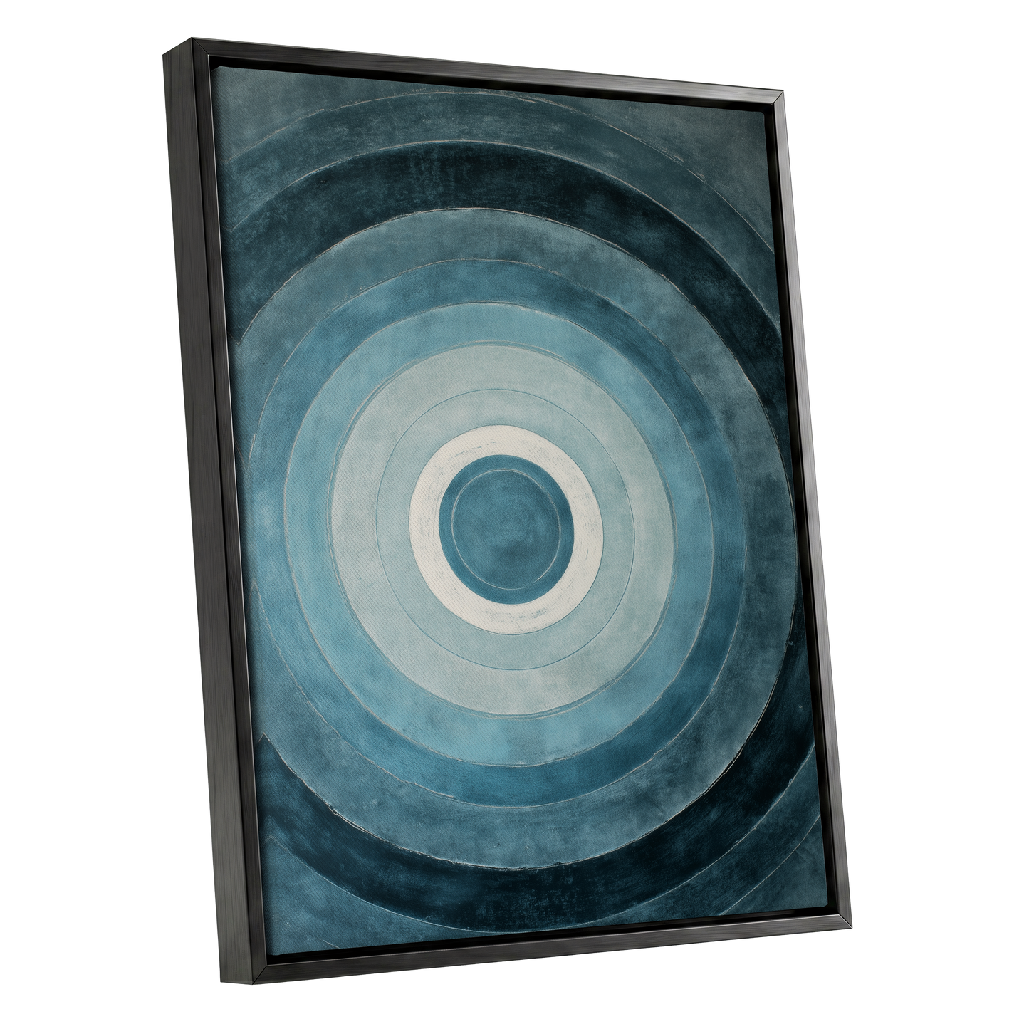 Tidal Concentric, blue, gray, white abstract wall art shown as a black framed canvas wall art