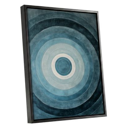Tidal Concentric, blue, gray, white abstract wall art shown as a black framed canvas wall art
