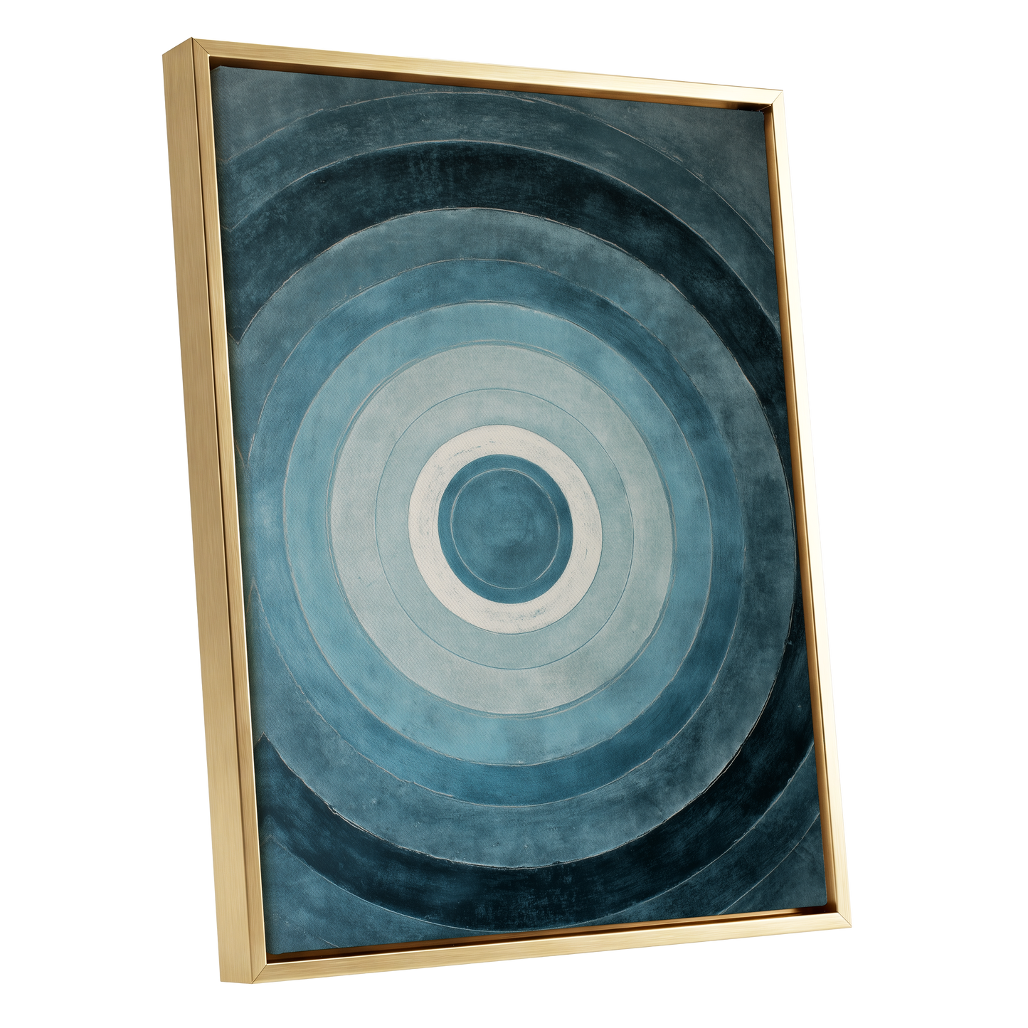 Tidal Concentric, blue, gray, white abstract wall art shown as a gold framed canvas wall art