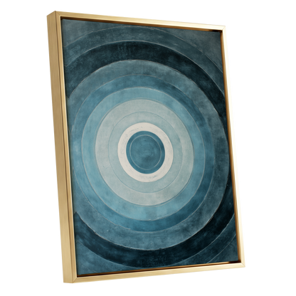 Tidal Concentric, blue, gray, white abstract wall art shown as a gold framed canvas wall art