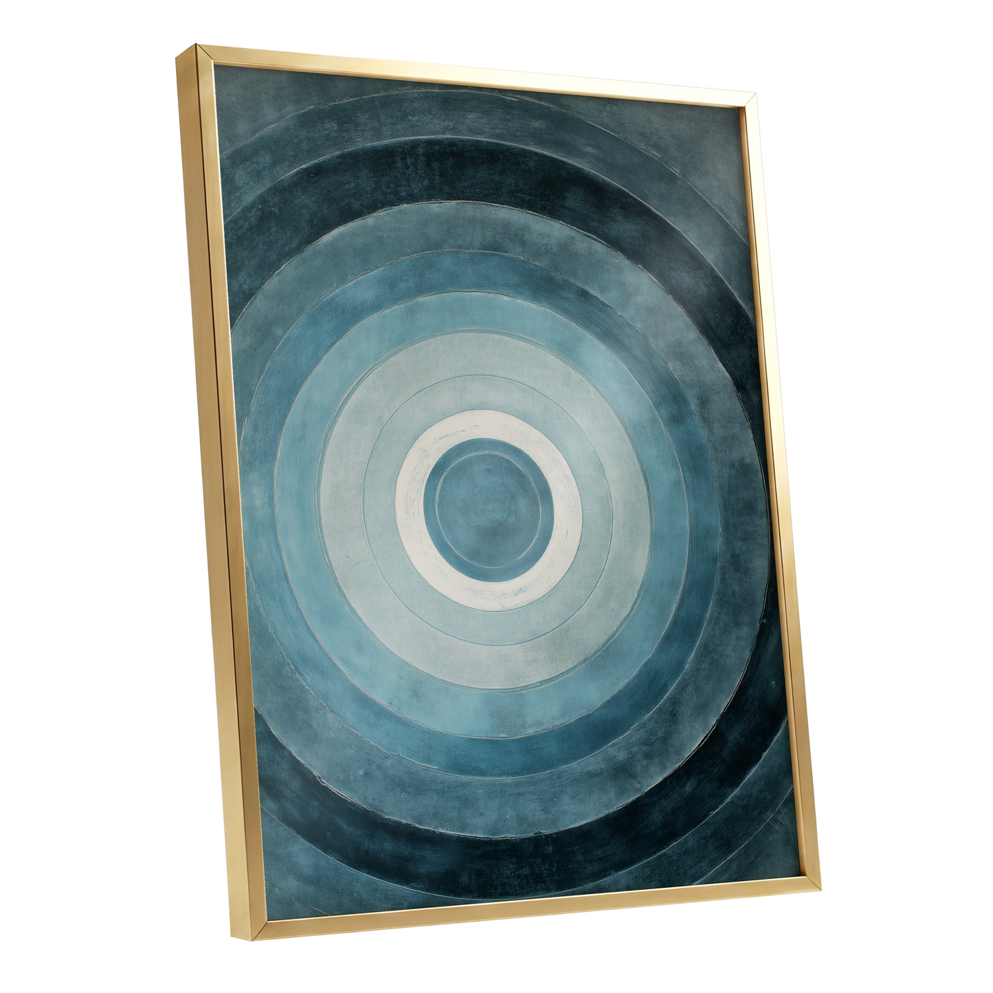 Tidal Concentric, blue, gray, white abstract wall art shown as a gold framed poster wall art print