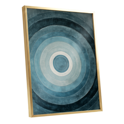 Tidal Concentric, blue, gray, white abstract wall art shown as a gold framed poster wall art print