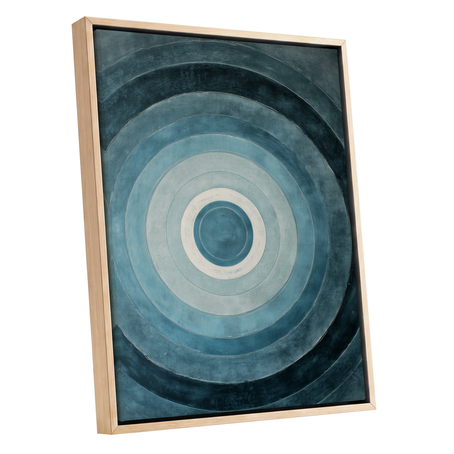 Tidal Concentric, blue, gray, white abstract wall art shown as a oak framed canvas wall art