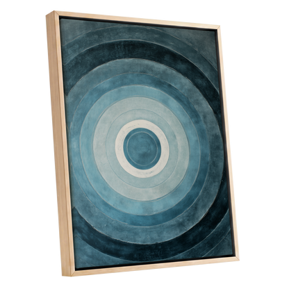 Tidal Concentric, blue, gray, white abstract wall art shown as a oak framed canvas wall art