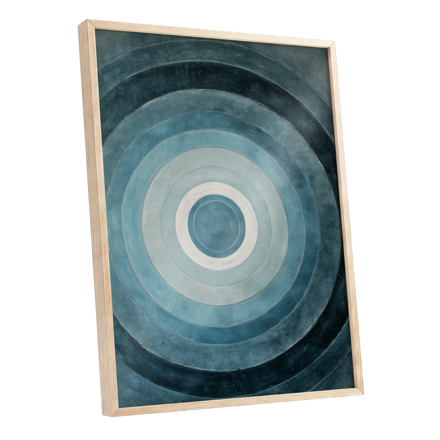 Tidal Concentric, blue, gray, white abstract wall art shown as a oak framed poster wall art print