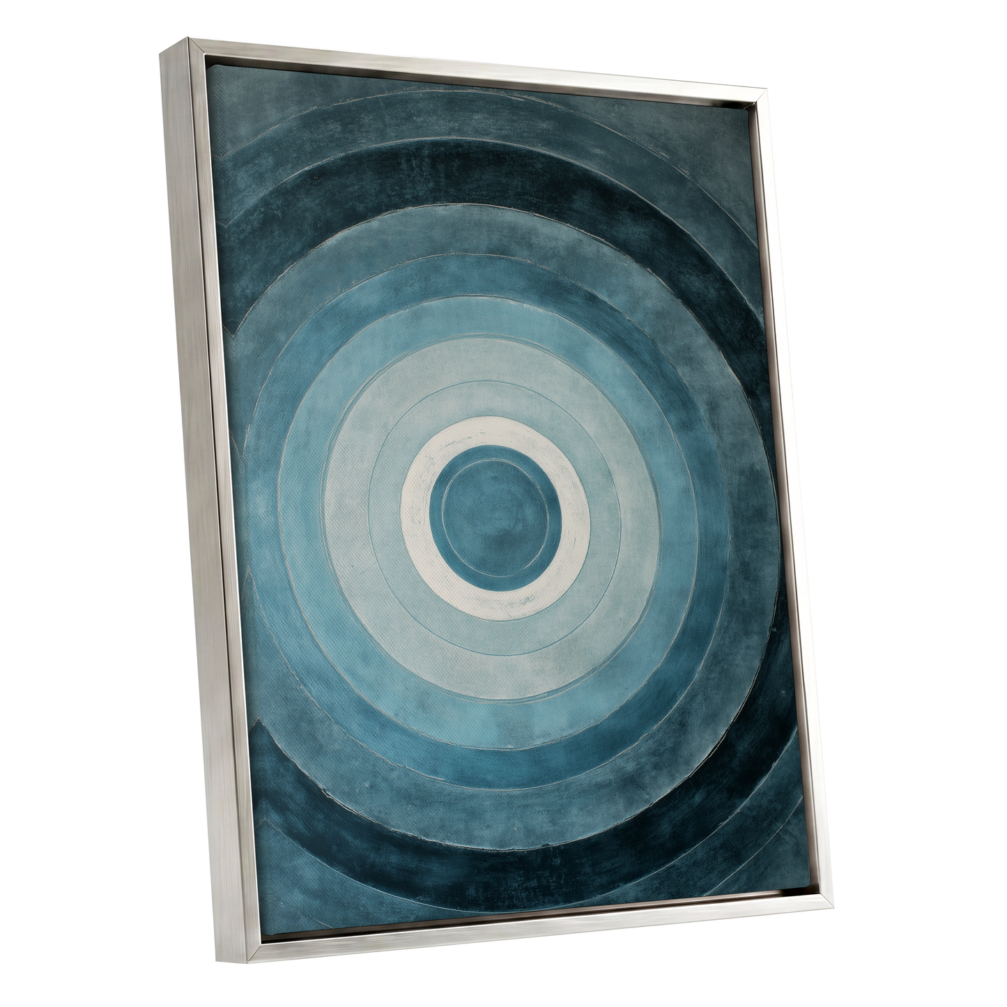 Tidal Concentric, blue, gray, white abstract wall art shown as a silver framed canvas wall art