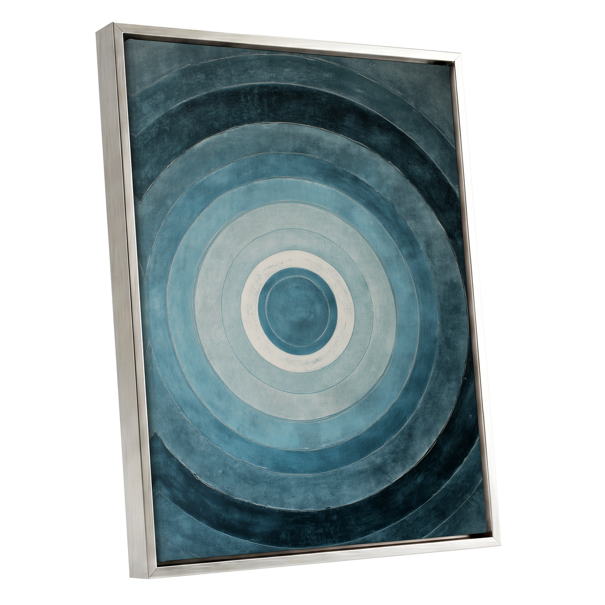 Tidal Concentric, blue, gray, white abstract wall art shown as a silver framed canvas wall art