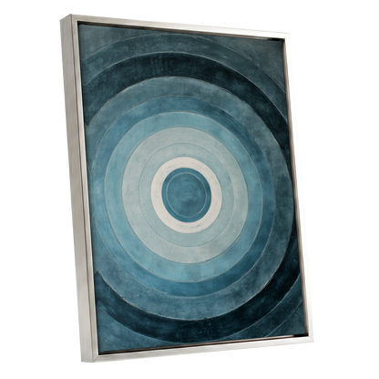 Tidal Concentric, blue, gray, white abstract wall art shown as a silver framed canvas wall art