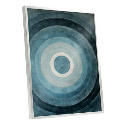 Tidal Concentric, blue, gray, white abstract wall art shown as a silver framed poster wall art print