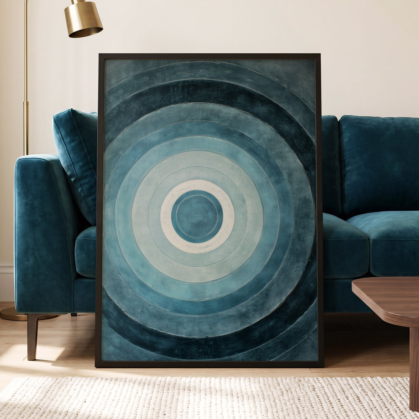 Tidal Concentric, blue, gray, white abstract wall art displayed in a styled interior, gallery view 2
