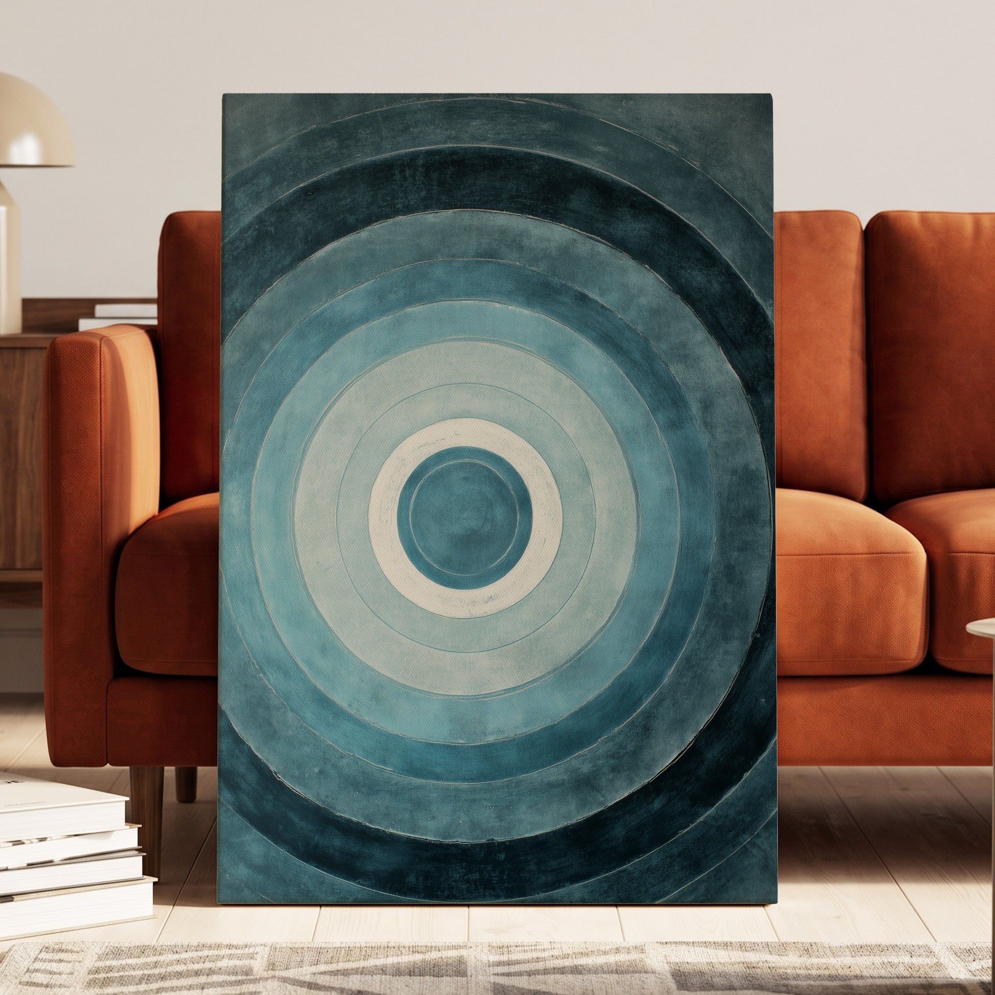 Tidal Concentric, blue, gray, white abstract wall art displayed in a styled interior, gallery view 3