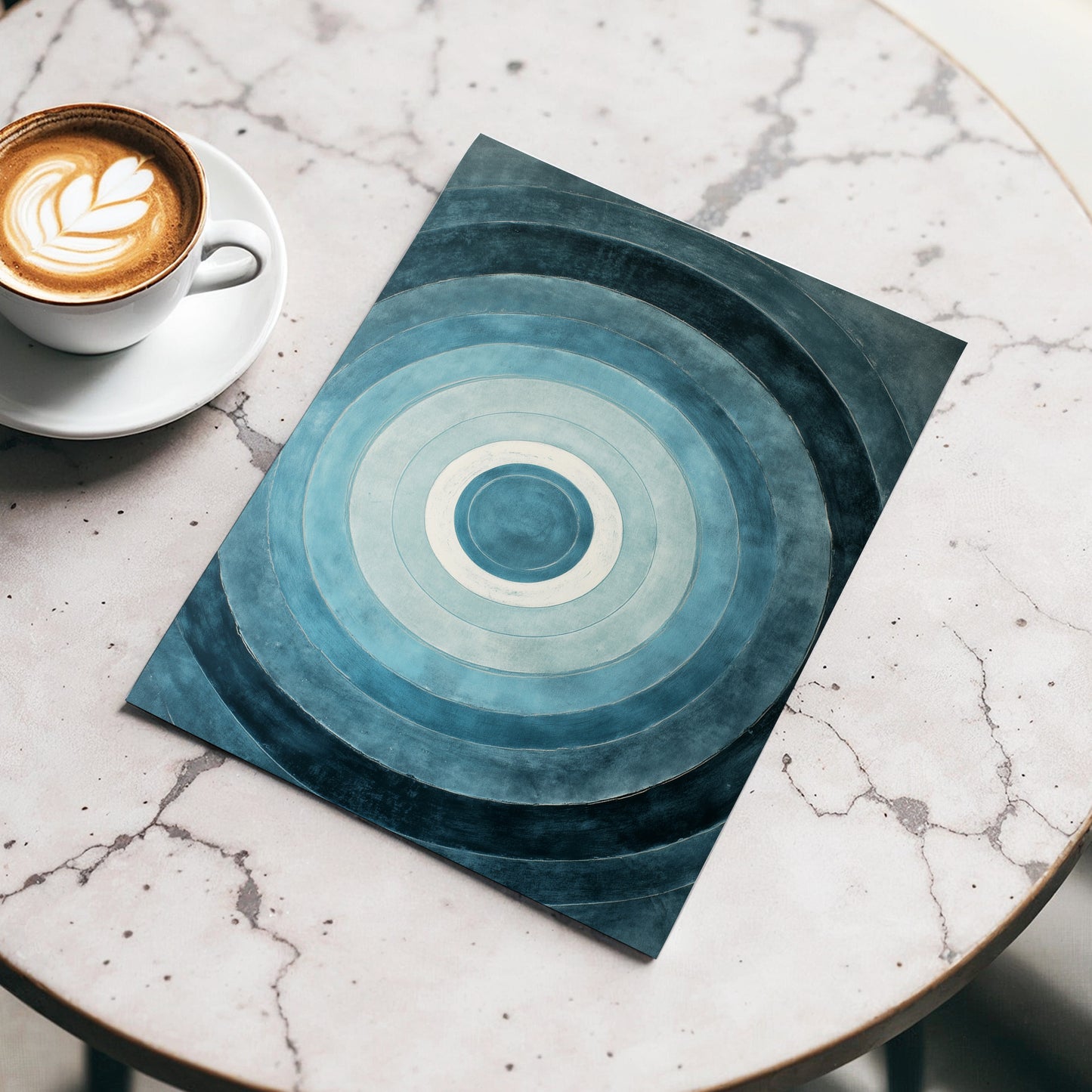 Tidal Concentric, blue, gray, white abstract wall art displayed in a styled interior, gallery view 5