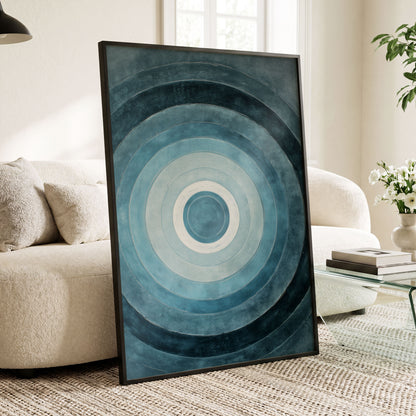 Tidal Concentric, blue, gray, white abstract wall art displayed in a styled interior, gallery view 6