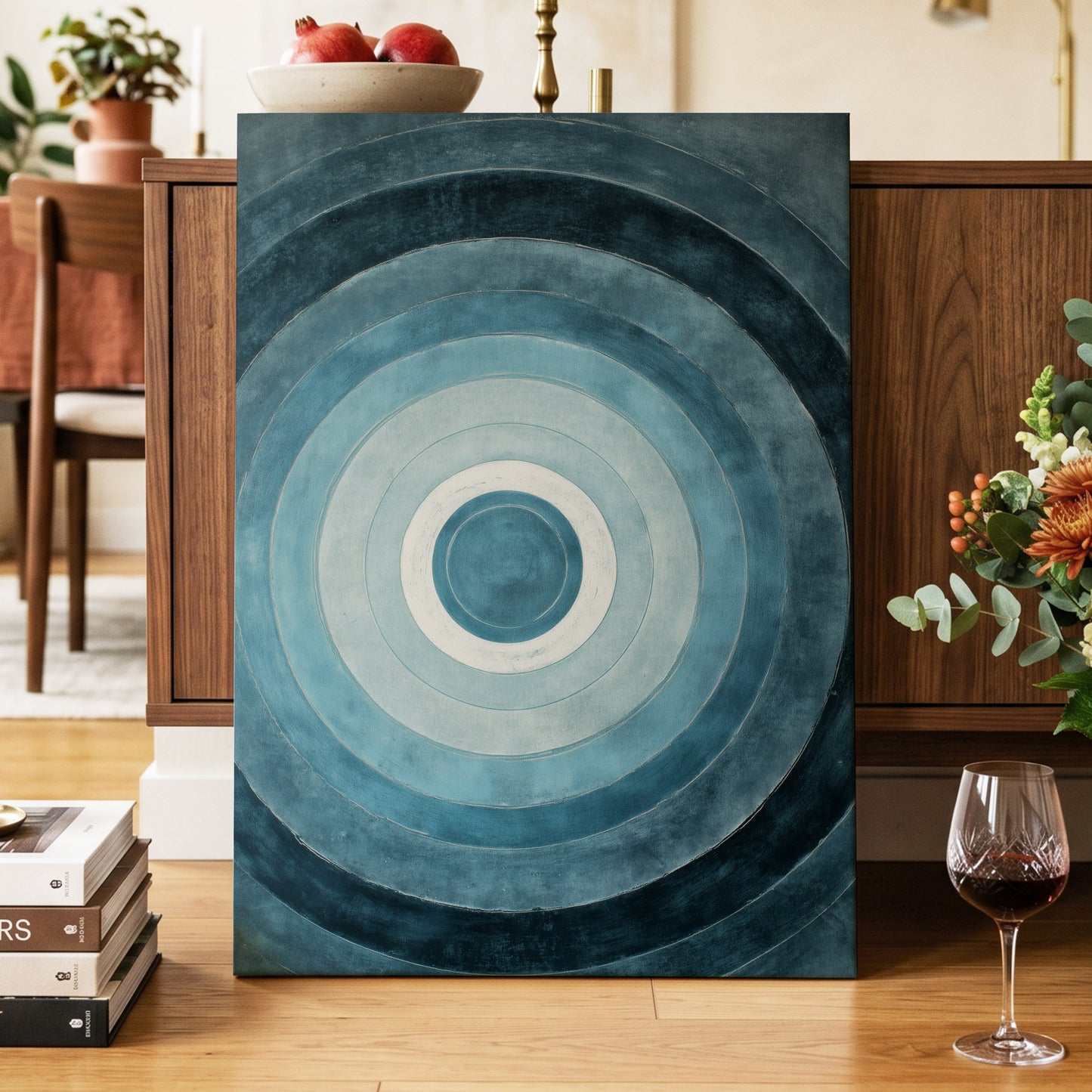 Tidal Concentric, blue, gray, white abstract wall art displayed in a styled interior, gallery view 7