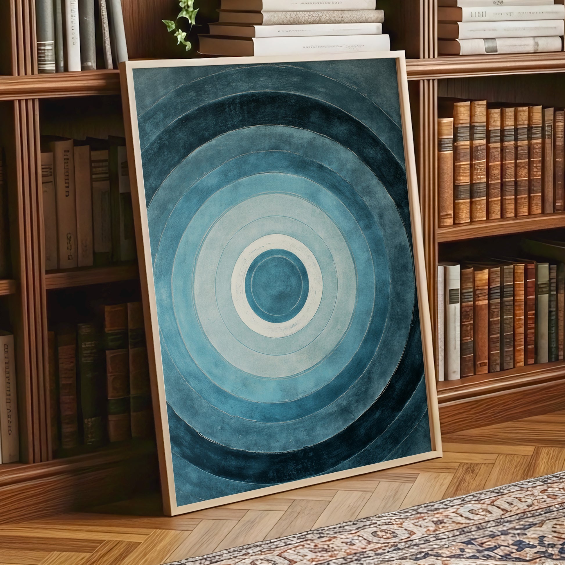 Tidal Concentric, blue, gray, white abstract wall art displayed in a styled interior, gallery view 9