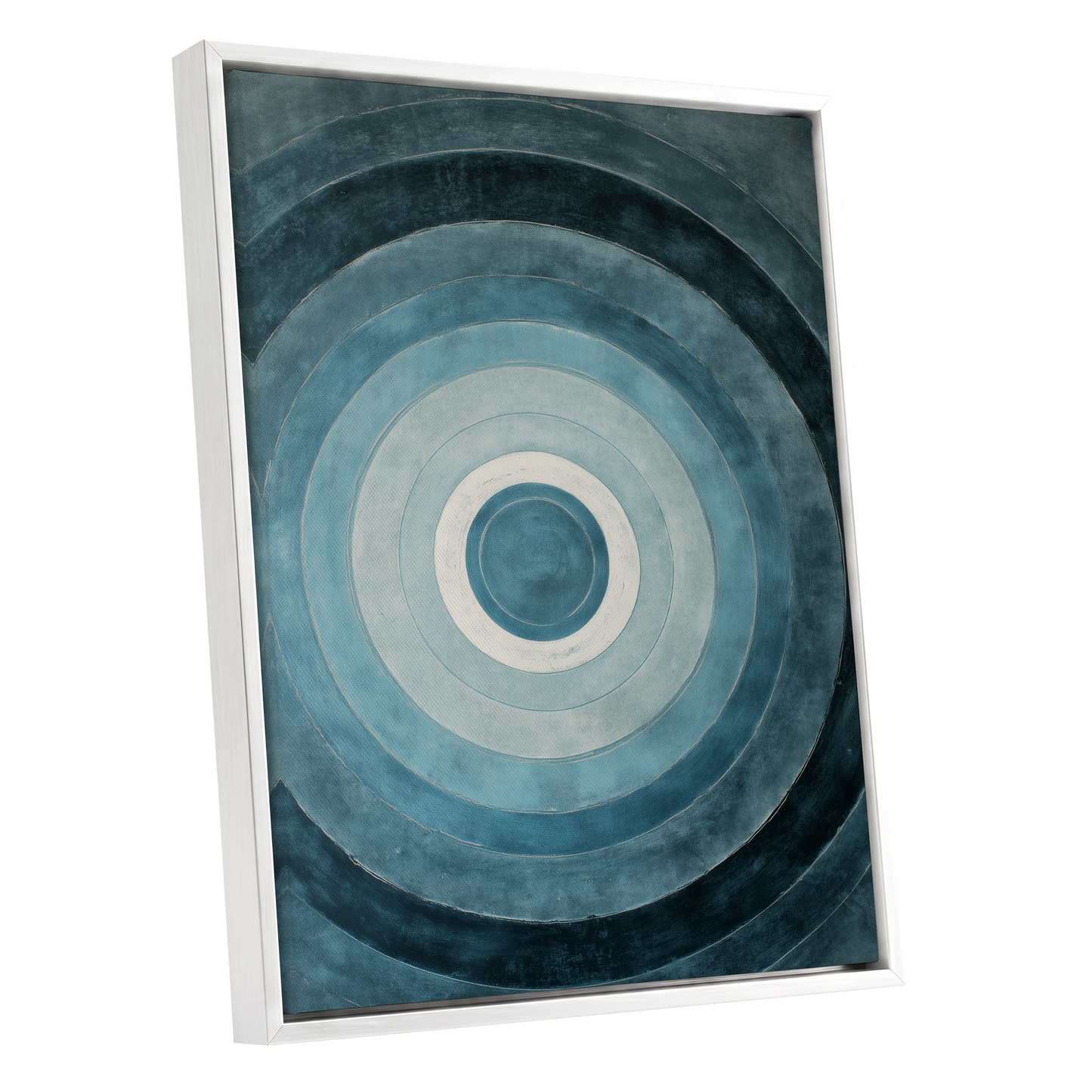 Tidal Concentric, blue, gray, white abstract wall art shown as a white framed canvas wall art