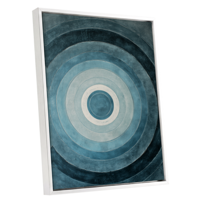 Tidal Concentric, blue, gray, white abstract wall art shown as a white framed canvas wall art