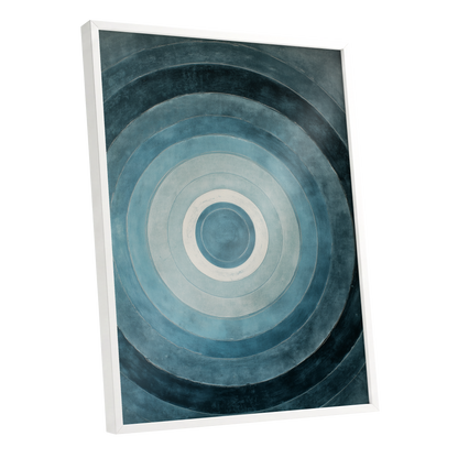 Tidal Concentric, blue, gray, white abstract wall art shown as a white framed poster wall art print