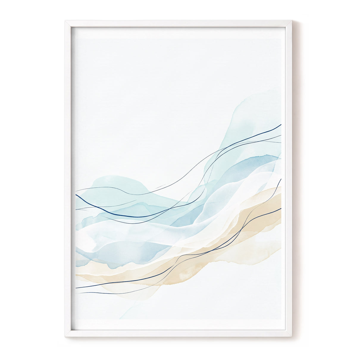 Tidal Contours, blue, beige, white abstract wall art, front artwork view