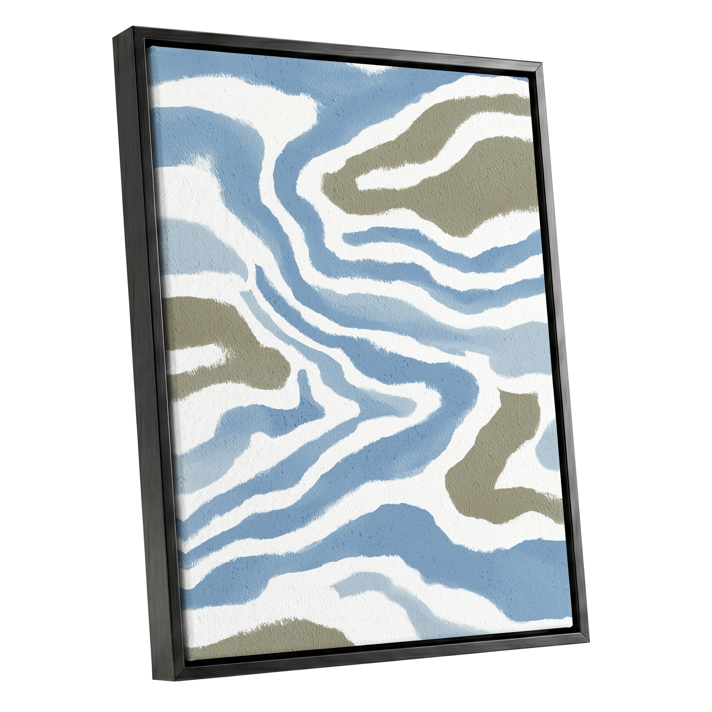 Tidal Contours, blue, white, beige nature wall art shown as a black framed canvas wall art