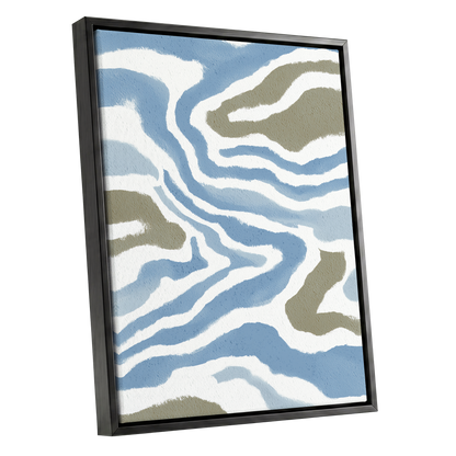 Tidal Contours, blue, white, beige nature wall art shown as a black framed canvas wall art