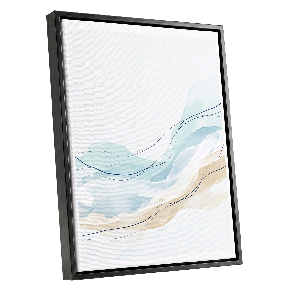 Tidal Contours, blue, beige, white abstract wall art shown as a black framed canvas wall art