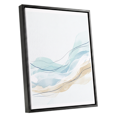 Tidal Contours, blue, beige, white abstract wall art shown as a black framed canvas wall art